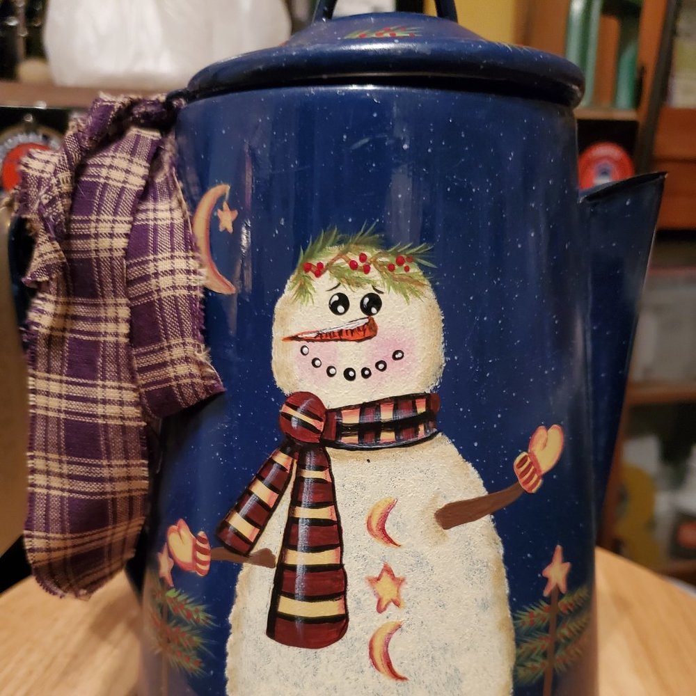 Blue Speck Enamelware with handpainted Christmas Snowman